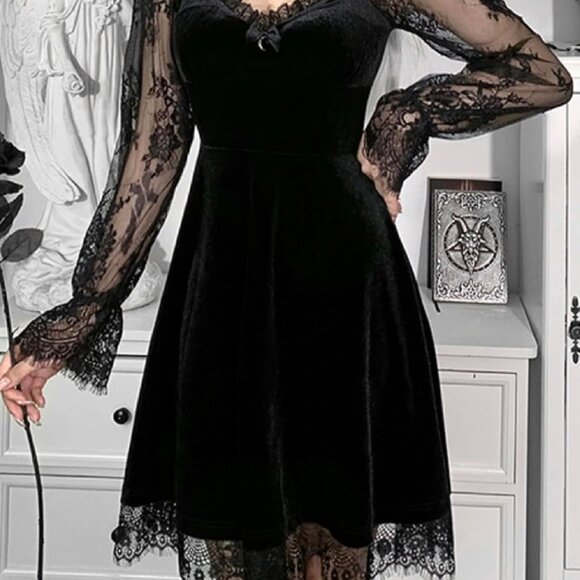 Long Sleeve Gothic Dress Women Vintage Sexy V-Neck Casual Aesthetic - Picture 2 of 6